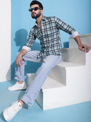 Green Checked Cotton Casual Shirt for Men