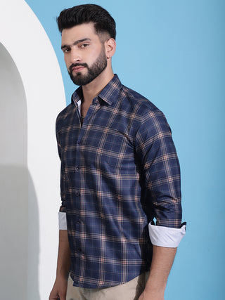 Navy Blue Checked Cotton Casual Shirt for Men