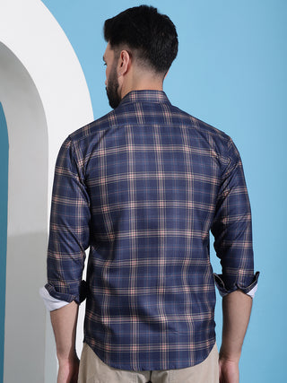 Navy Blue Checked Cotton Casual Shirt for Men