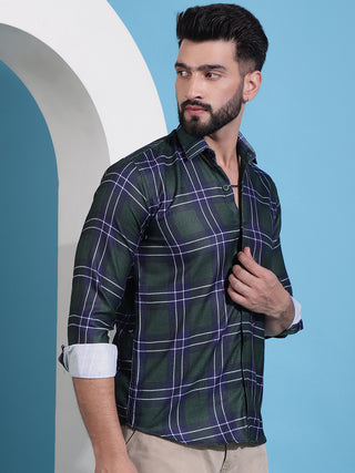 Olive Green Checked Cotton Casual Shirt for Men