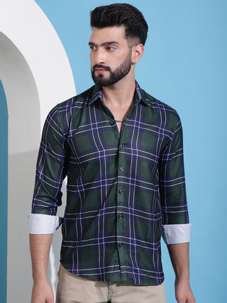 Olive Green Checked Cotton Casual Shirt for Men