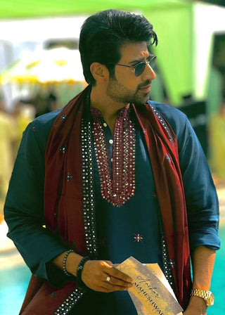 Aman Maheshwari in Embroidered Navy Blue Silk Blend Kurta Salwar and Dupatta Set for Men