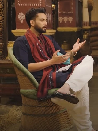 Elvish Yadav in Embroidered Navy Blue Silk Blend Kurta Salwar and Dupatta Set for Men