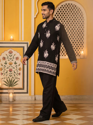 Japanese Fabric Floral Embroidered Kurta with Korean Pants