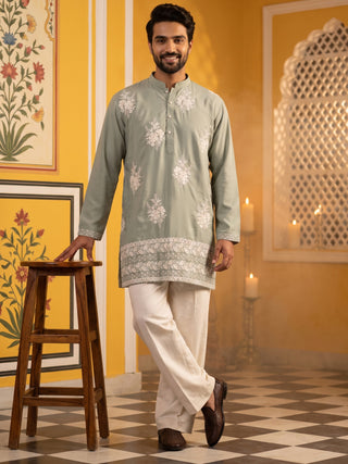 Japanese Fabric Floral Embroidered Kurta with Korean Pants