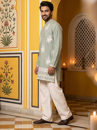 Japanese Fabric Floral Embroidered Kurta with Korean Pants