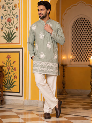 Japanese Fabric Floral Embroidered Kurta with Korean Pants
