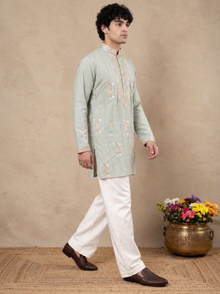Japanese Fabric Floral Embroidered Short Kurta With Korean Pants