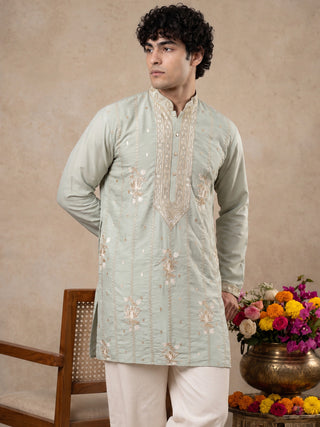 Japanese Fabric Floral Embroidered Short Kurta With Korean Pants