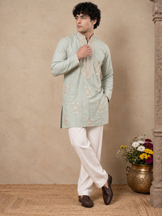 Japanese Fabric Floral Embroidered Short Kurta With Korean Pants