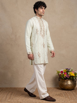 Japanese Fabric Floral Embroidered Short Kurta With Korean Pants