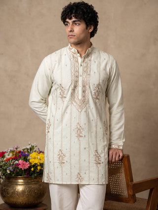 Japanese Fabric Floral Embroidered Short Kurta With Korean Pants