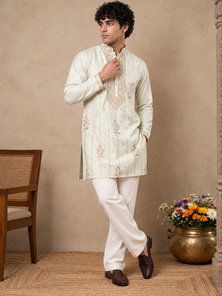 Japanese Fabric Floral Embroidered Short Kurta With Korean Pants