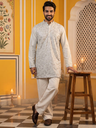 Silk Blend Embroidered Short Kurta With Korean Pant