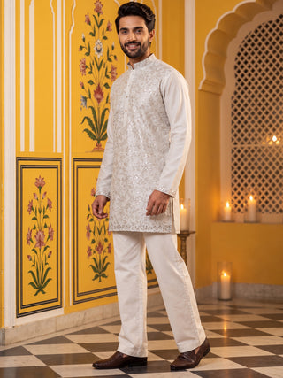 Silk Blend Embroidered Short Kurta With Korean Pant