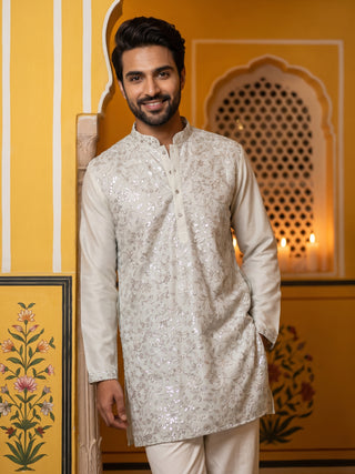 Silk Blend Embroidered Short Kurta