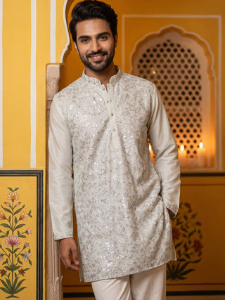 Silk Blend Embroidered Short Kurta With Korean Pant