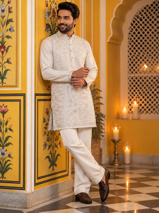 Silk Blend Embroidered Short Kurta With Korean Pant