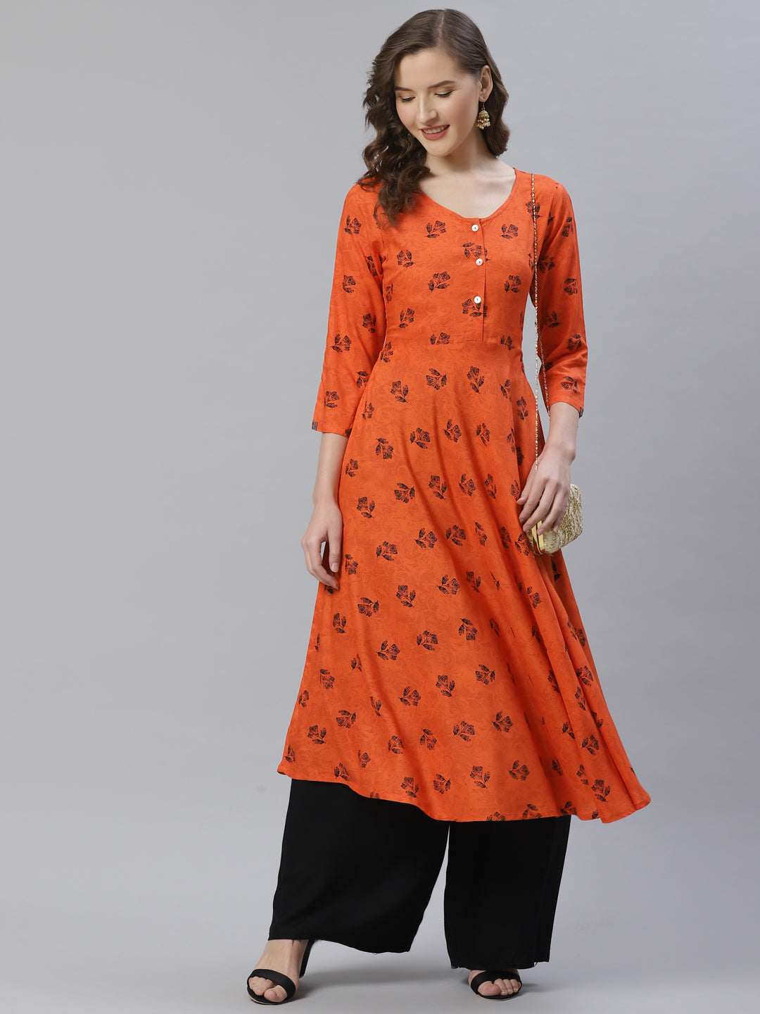 Jompers Women Orange & Black Floral Printed A-Line Kurta