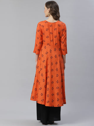Jompers Women Orange & Black Floral Printed A-Line Kurta