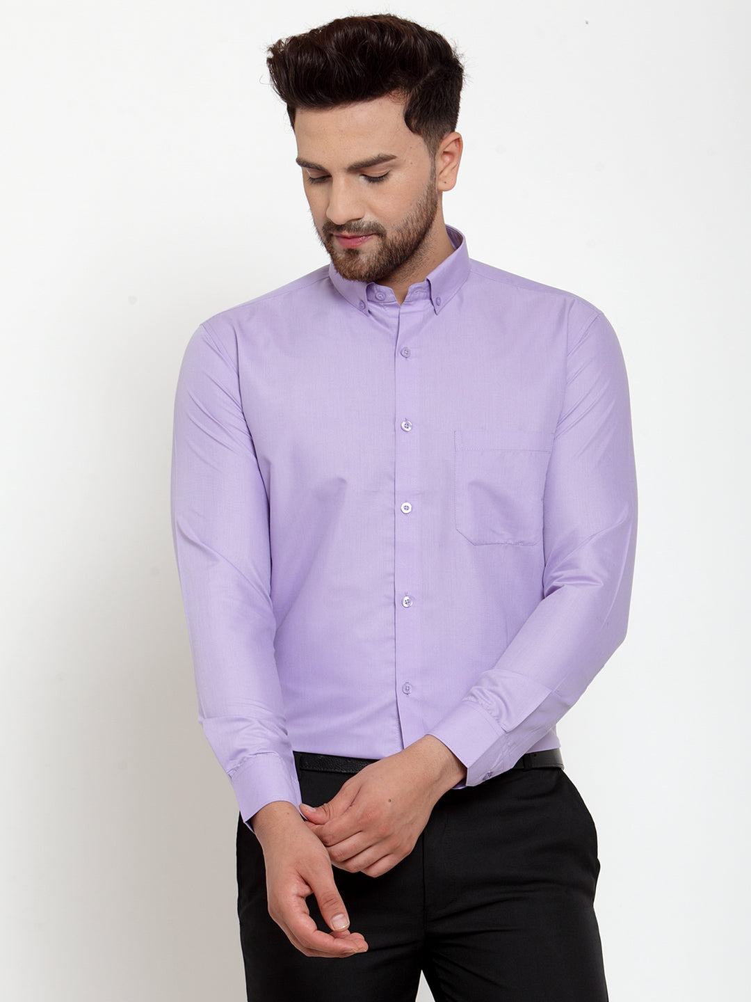 Jainish Purple Men's Cotton Solid Button Down Formal Shirts