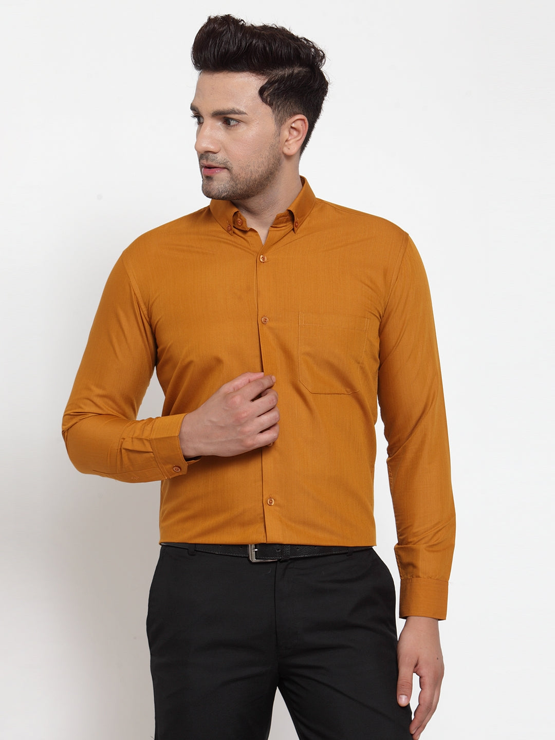 Jainish Yellow Men's Cotton Solid Button Down Formal Shirts