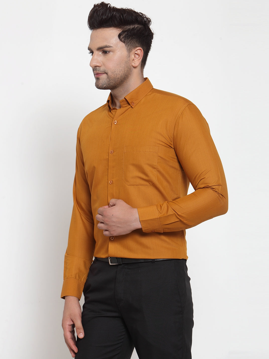 Jainish Yellow Men's Cotton Solid Button Down Formal Shirts