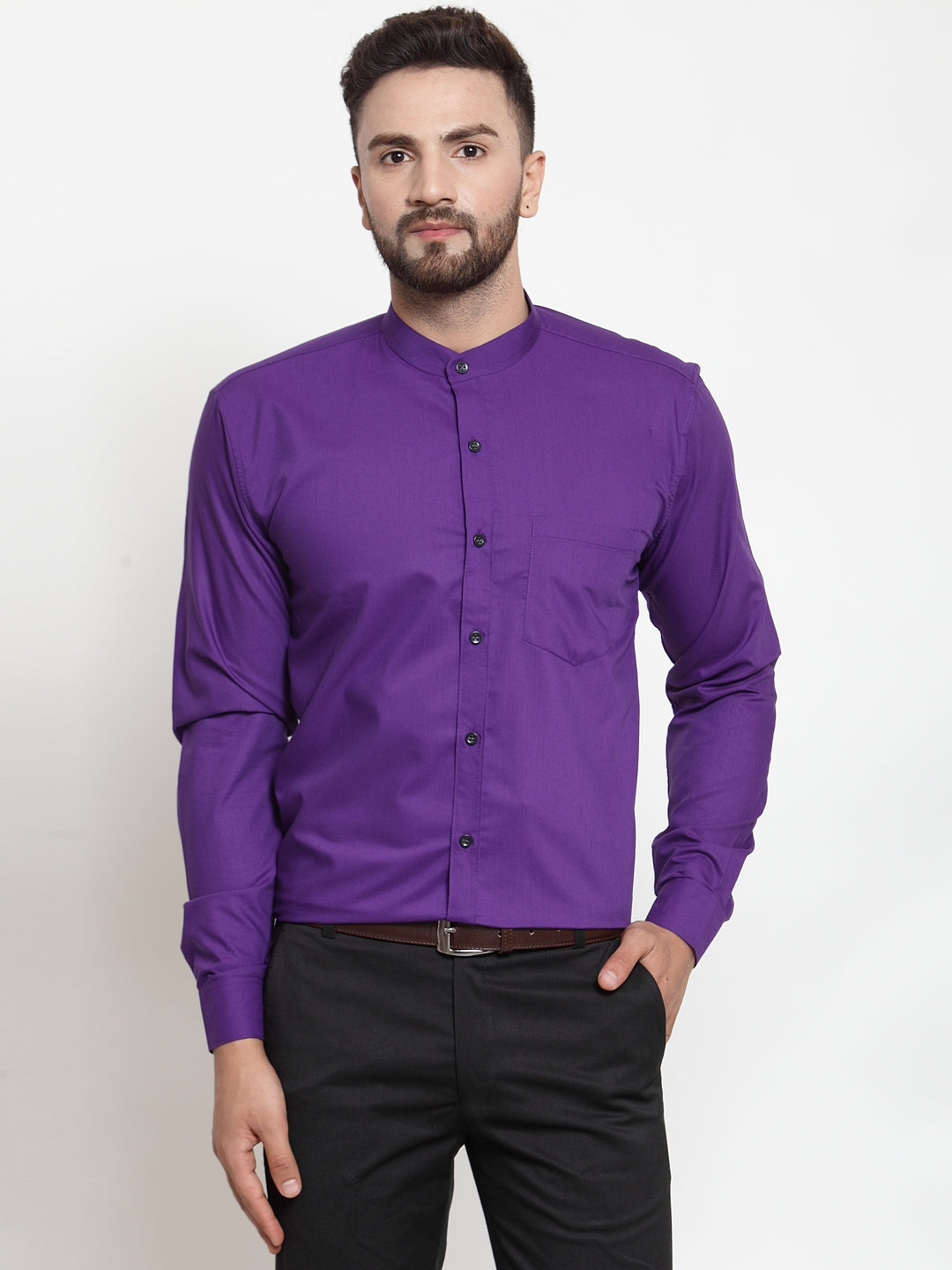 Jainish Purple Men's Cotton Solid Mandarin Collar Formal Shirts