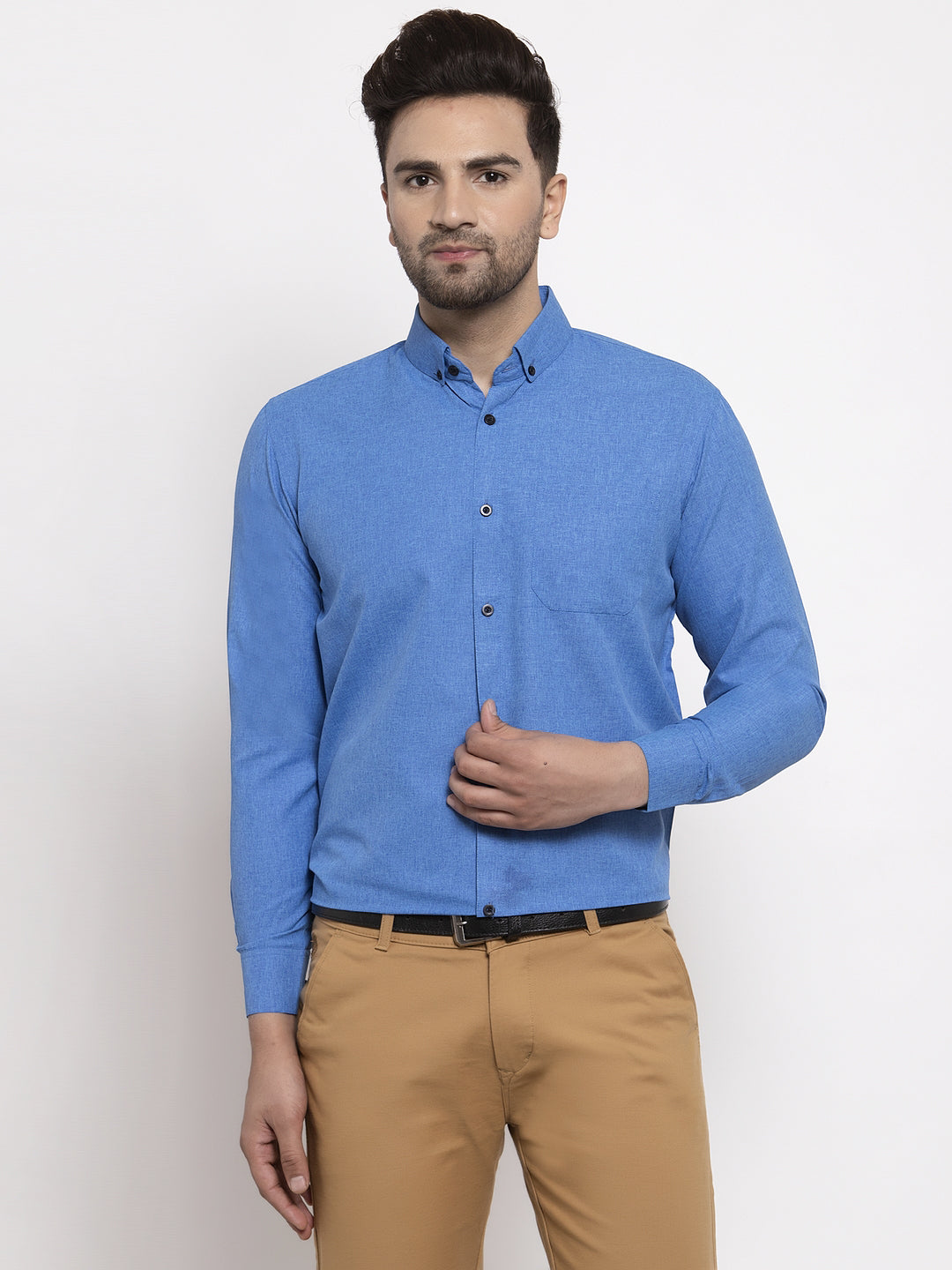 Jainish Blue Men's Cotton Solid Button Down Formal Shirts