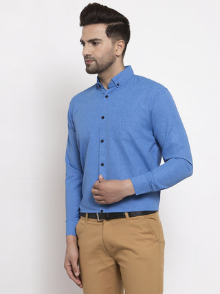 Indian Needle Blue Men's Cotton Solid Button Down Formal Shirts