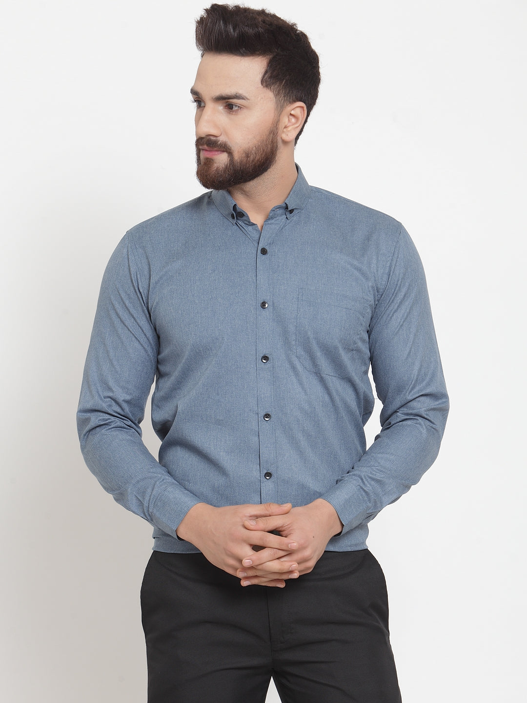 Jainish Grey Men's Cotton Solid Button Down Formal Shirts