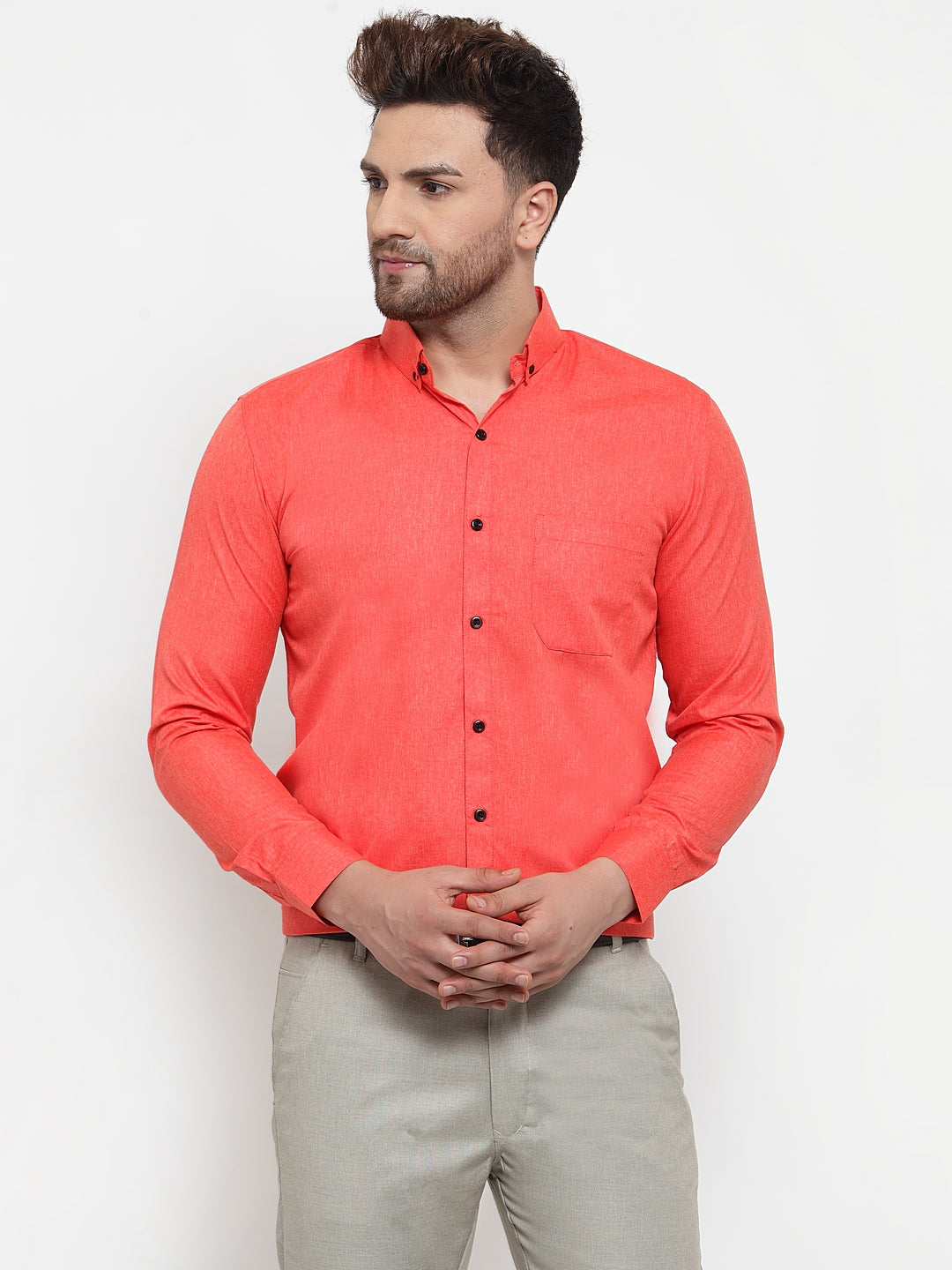 Jainish Orange Men's Cotton Solid Button Down Formal Shirts