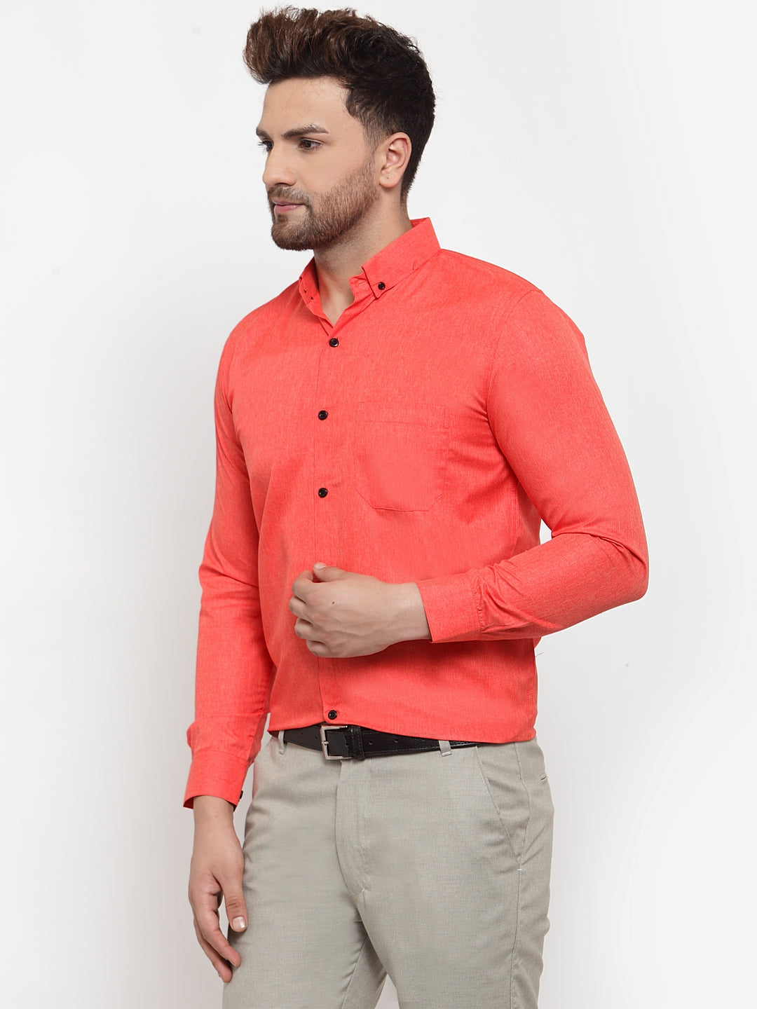 Jainish Orange Men's Cotton Solid Button Down Formal Shirts