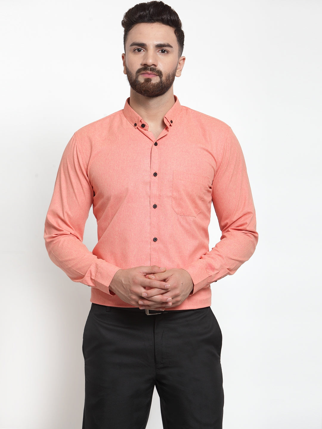 Jainish Peach Men's Cotton Solid Button Down Formal Shirts