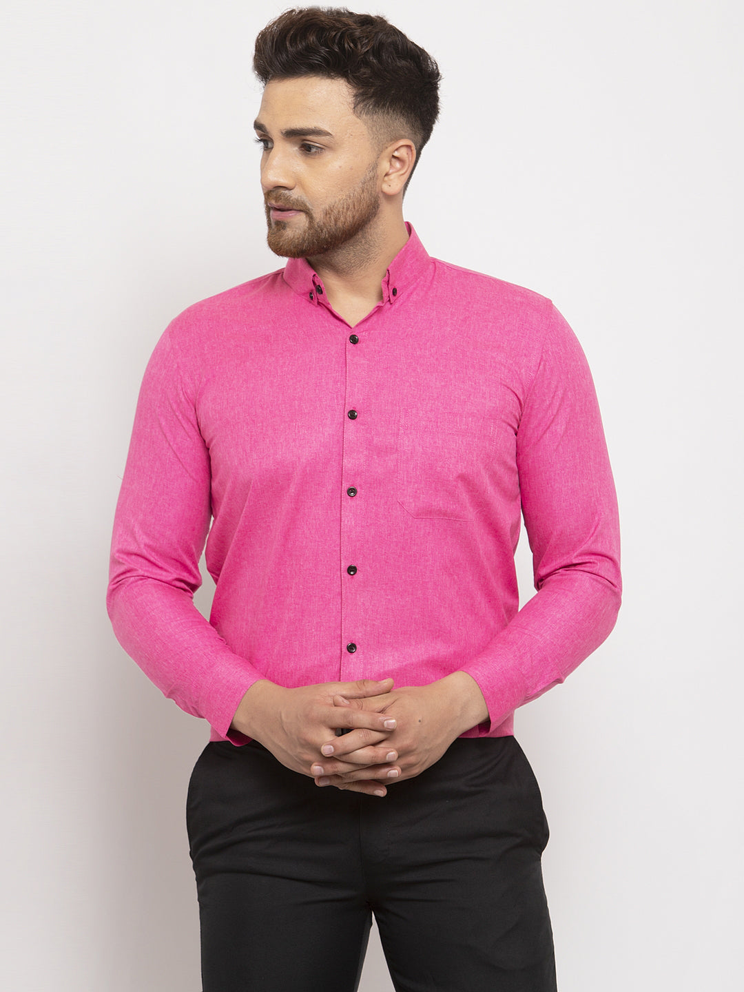 Jainish Pink Men's Cotton Solid Button Down Formal Shirts