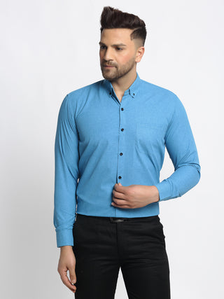 Indian Needle Blue Men's Cotton Solid Button Down Formal Shirts