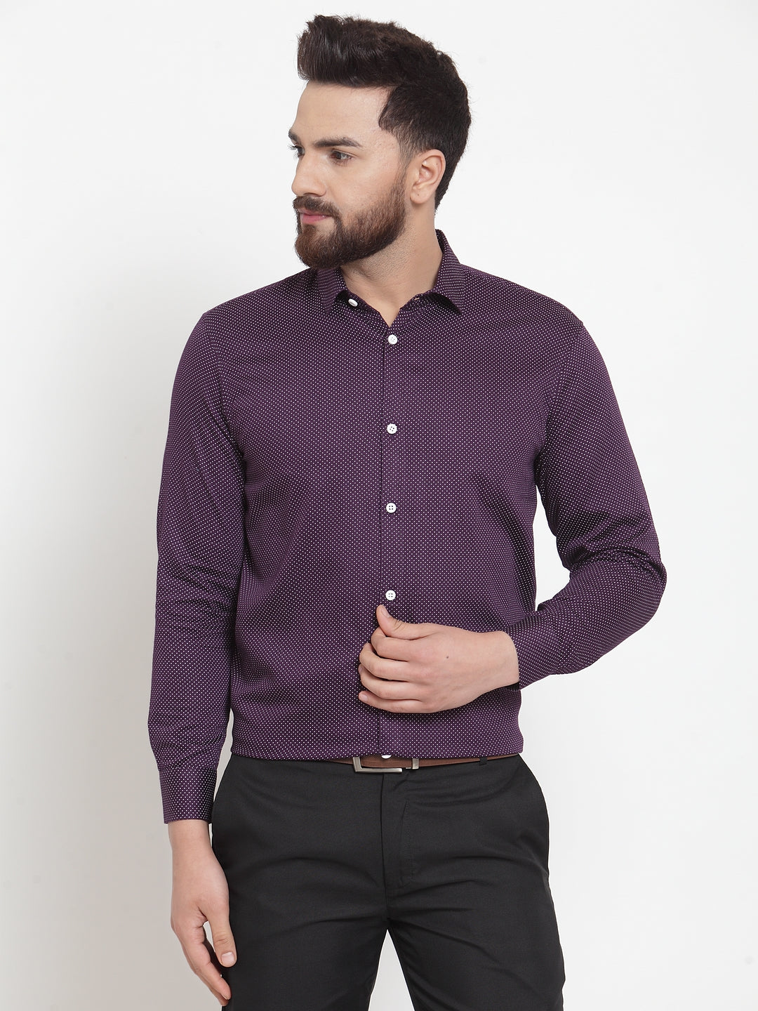 Jainish Purple Men's Cotton Polka Dots Formal Shirts