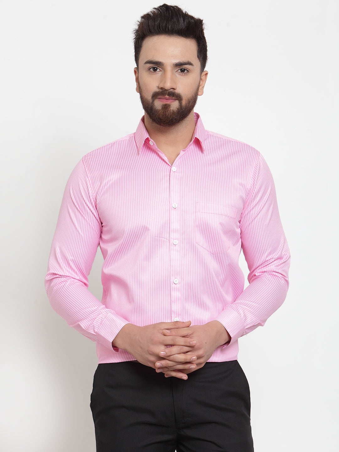 Jainish Pink Men's Cotton Stiped Formal Shirts