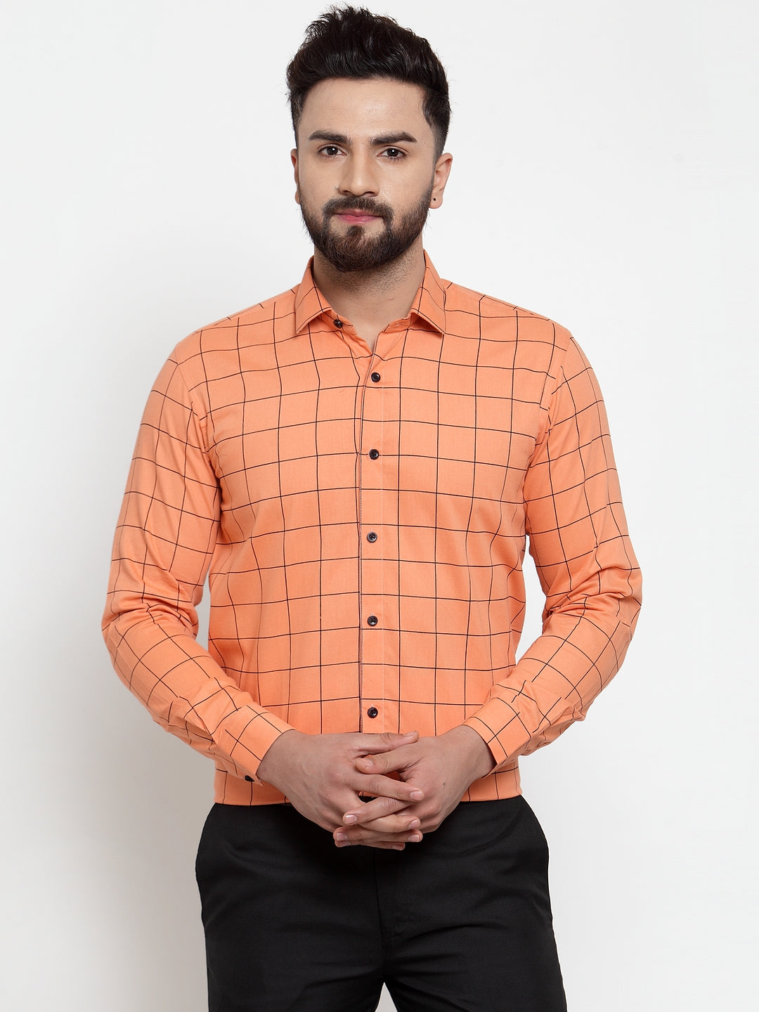 Jainish Orange Men's Cotton Checked Formal Shirts