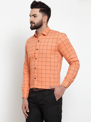 Indian Needle Orange Men's Cotton Checked Formal Shirts