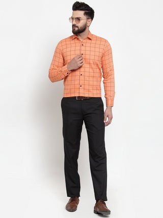 Indian Needle Orange Men's Cotton Checked Formal Shirts