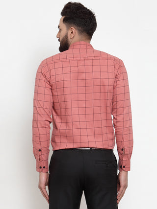 Indian Needle Peach Men's Cotton Checked Formal Shirts