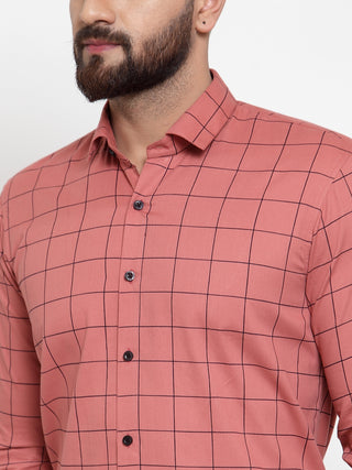 Indian Needle Peach Men's Cotton Checked Formal Shirts