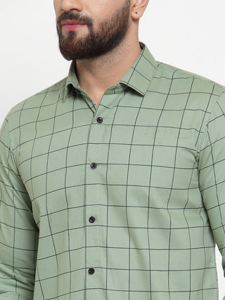 Indian Needle Green Men's Cotton Checked Formal Shirts