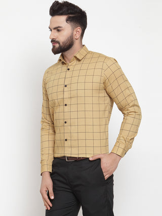 Indian Needle Beige Men's Cotton Checked Formal Shirts