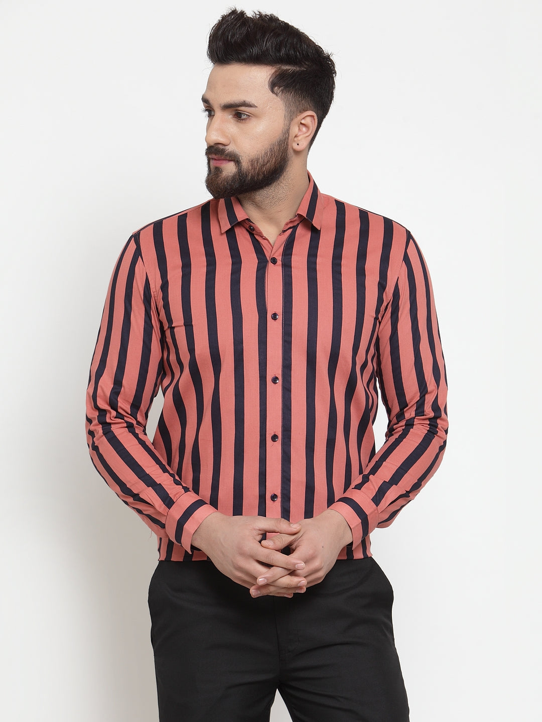 Jainish Red Men's Cotton Striped Formal Shirts