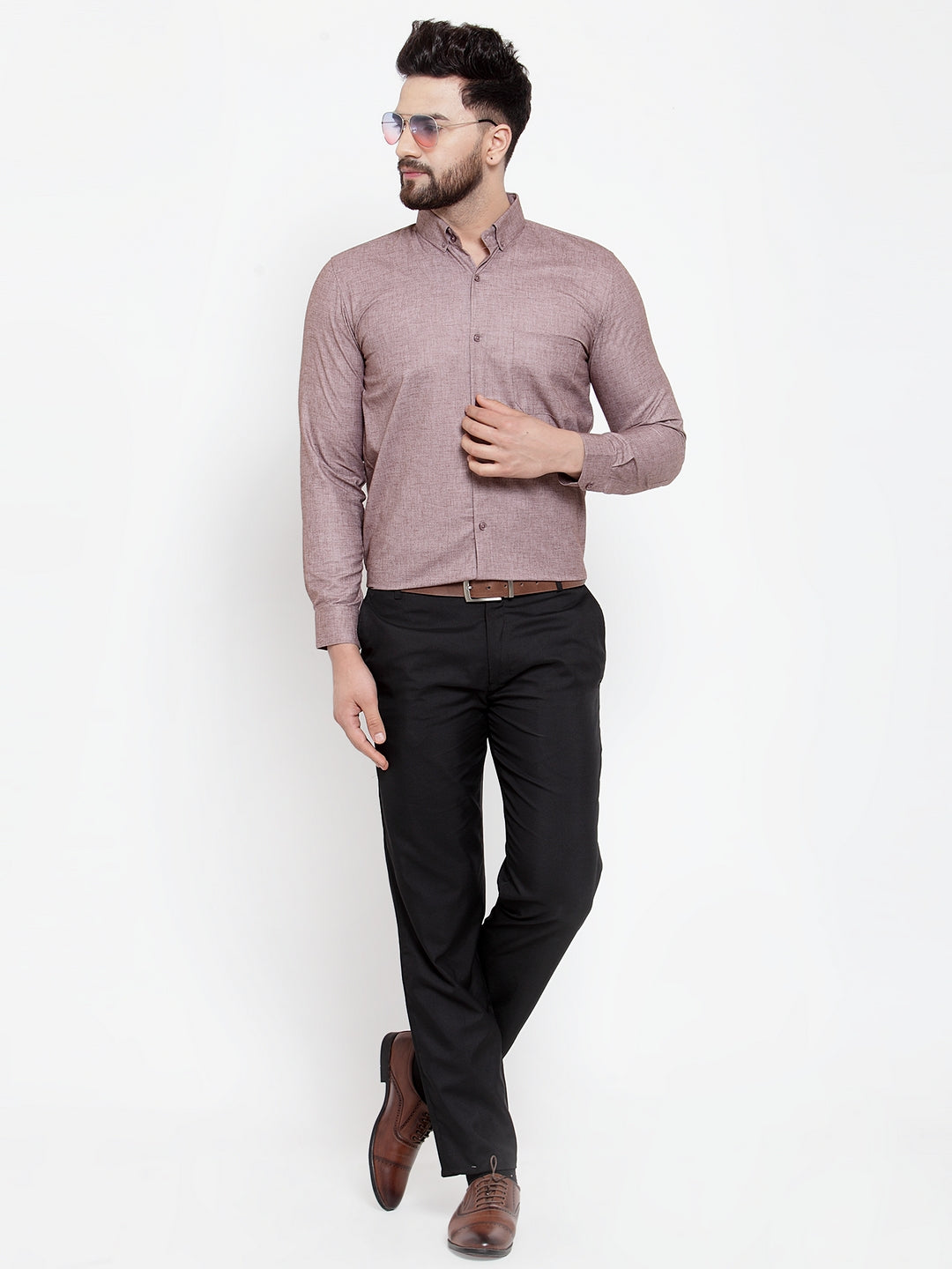 Jainish Brown Men's Cotton Solid Button Down Formal Shirts