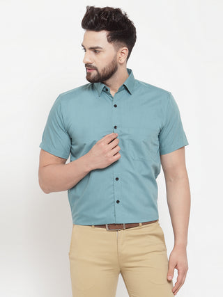 Indian Needle Green Men's Cotton Half Sleeves Solid Formal Shirts