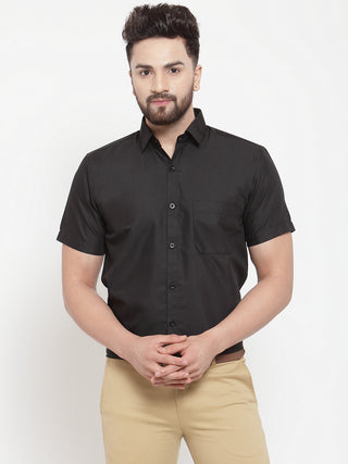 Indian Needle Black Men's Cotton Half Sleeves Solid Formal Shirts