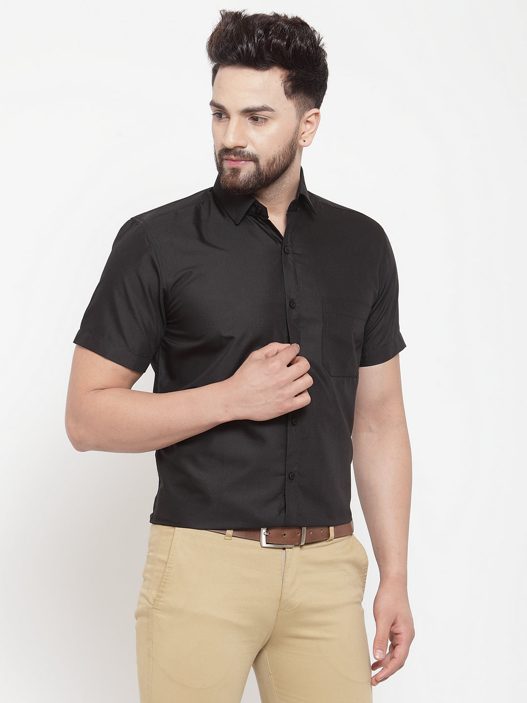 Jainish Black Men's Cotton Half Sleeves Solid Formal Shirts